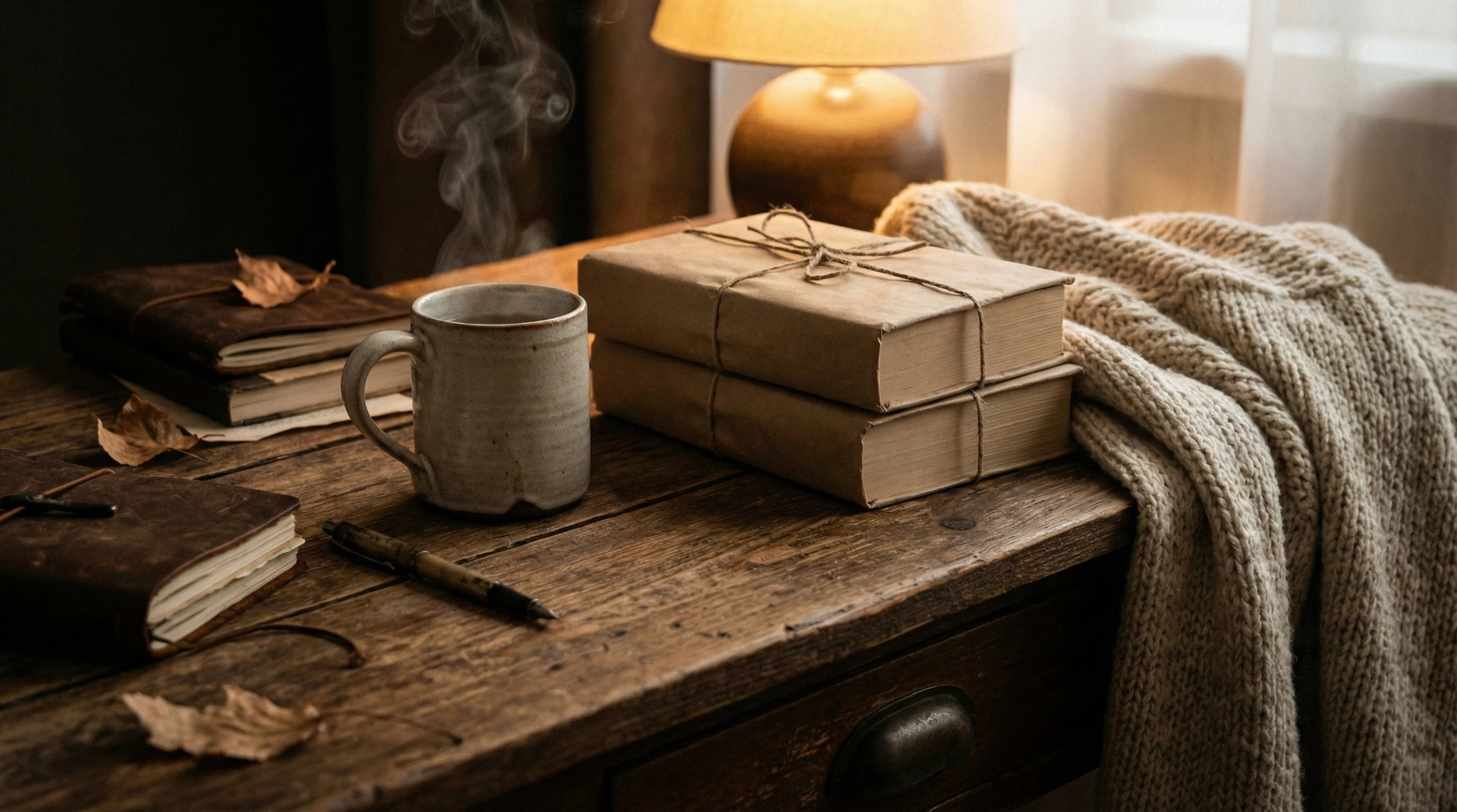 Coffee mug beside wrapped books with warm lighting and a cozy blanket