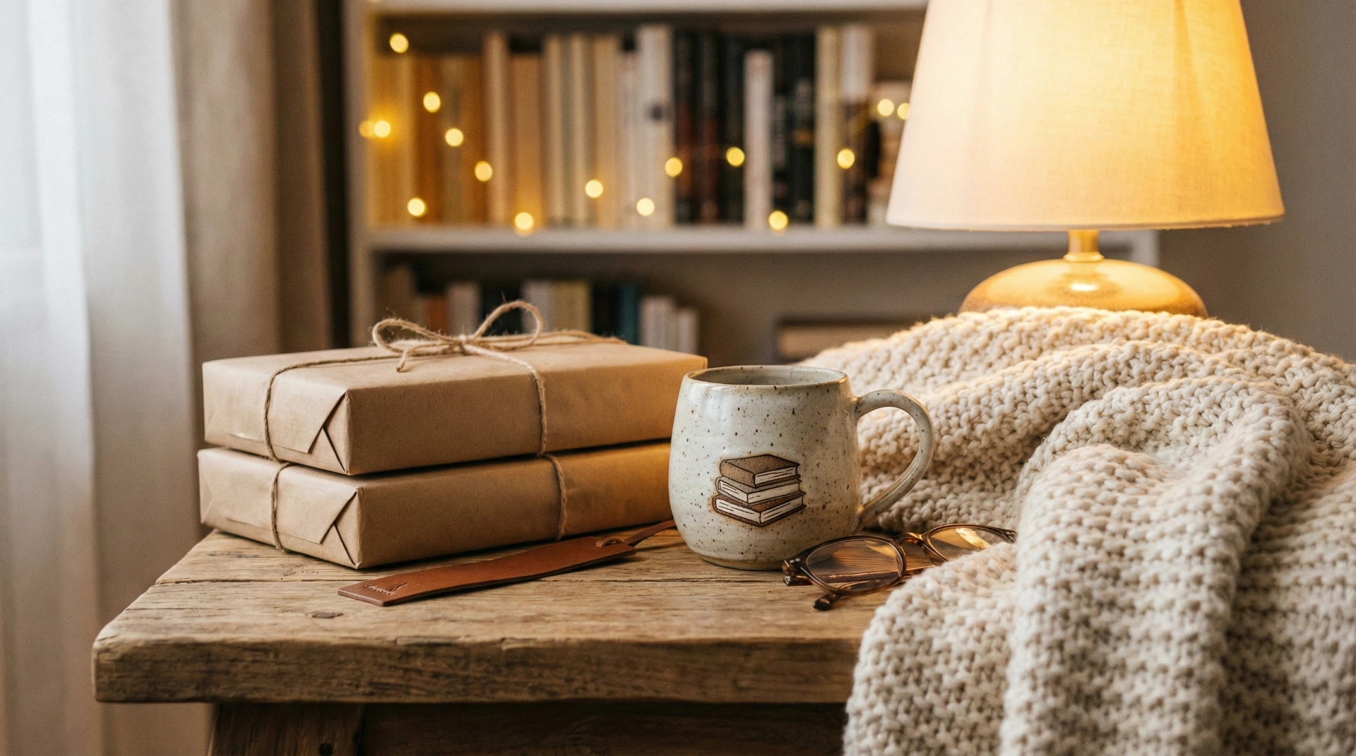 Two wrapped books beside a coffee mug on a cozy table with a blanket and warm light