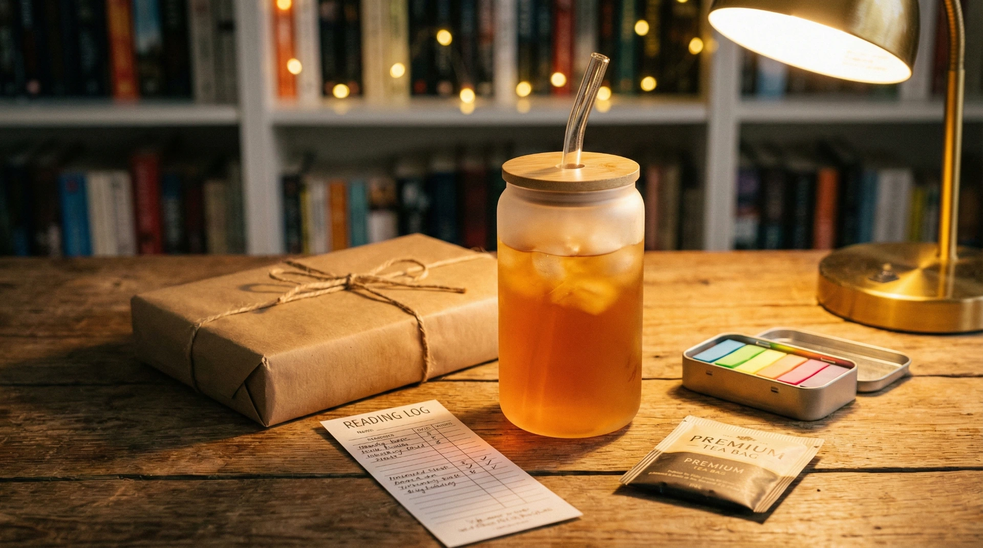Frosted glass cup with lid and straw beside a wrapped book and annotation tabs in a cozy reading setting